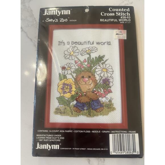 1987 Janlynn Suzys Zoo‎ Counted Cross Stitch Kit BEAUTIFUL WORLD W/ Frame 5"x 7" - Picture 3 of 7
